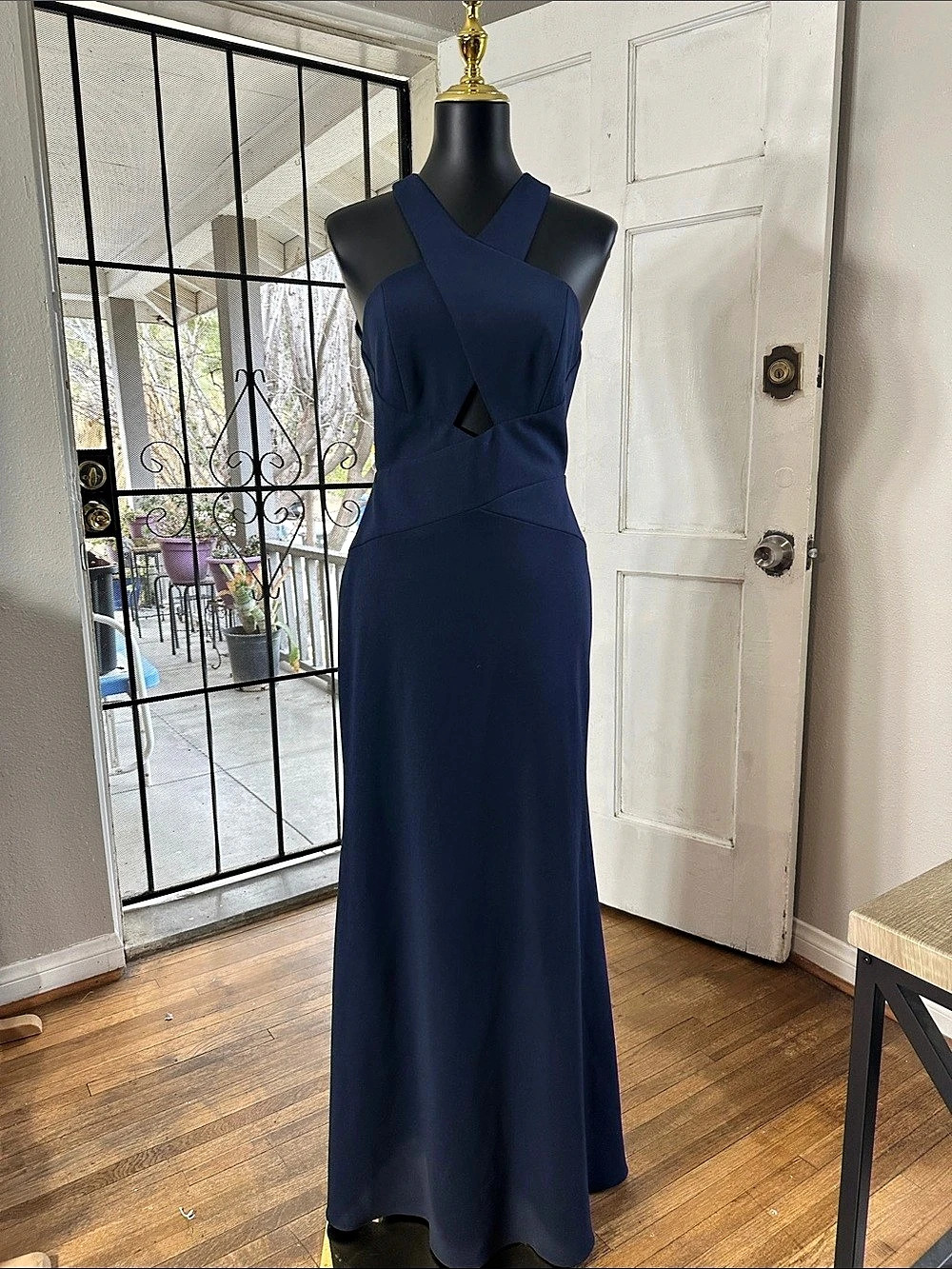 BCBG Maxazria -Cross Halter Neck Gown  Navy Blue